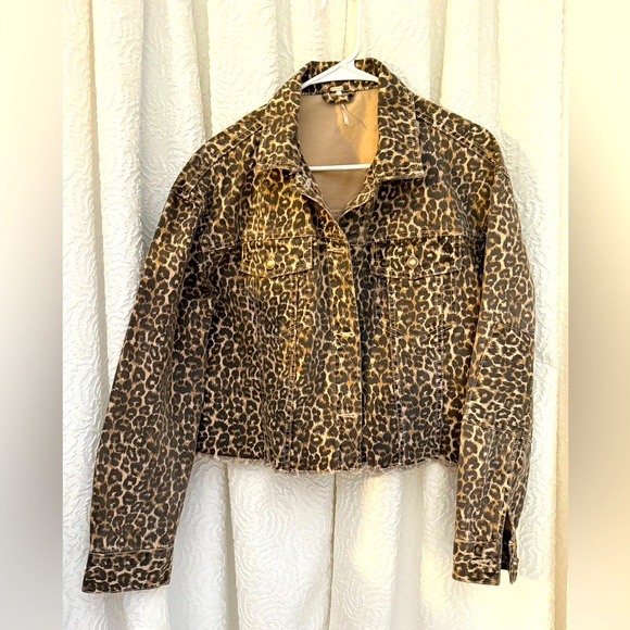 Free People Jacket Womens Brown Cheetah Print Crop Raw Hem Denim Sz S - Picture 1 of 11
